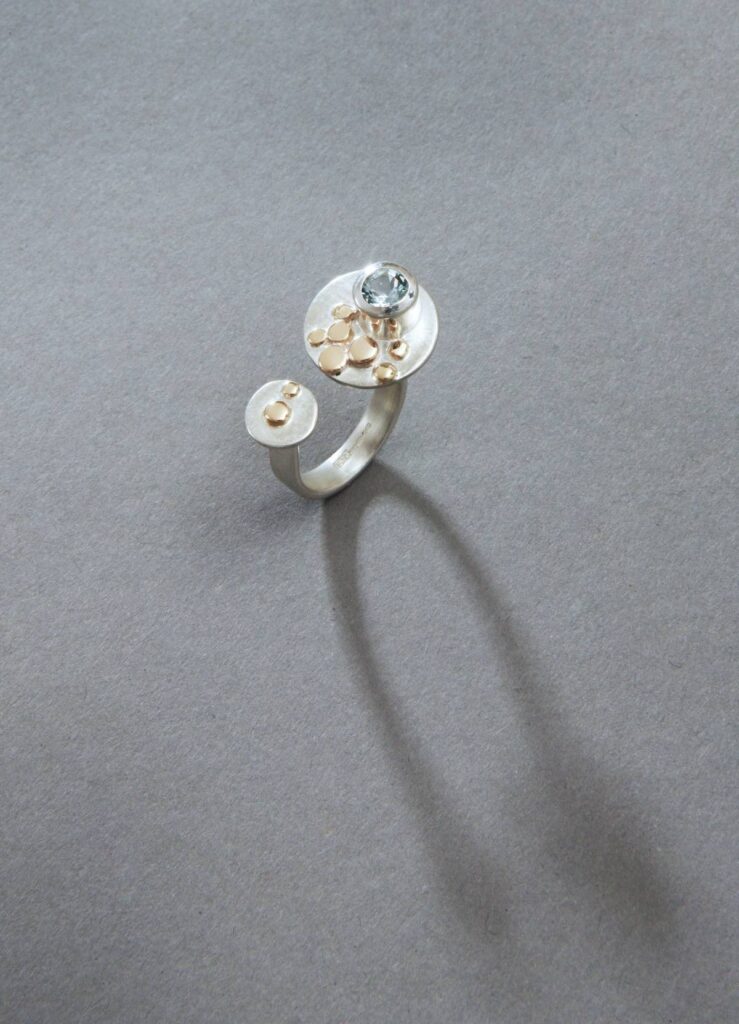 Silver, gold and blue topaz bubbles ring by Emma Jane Champley