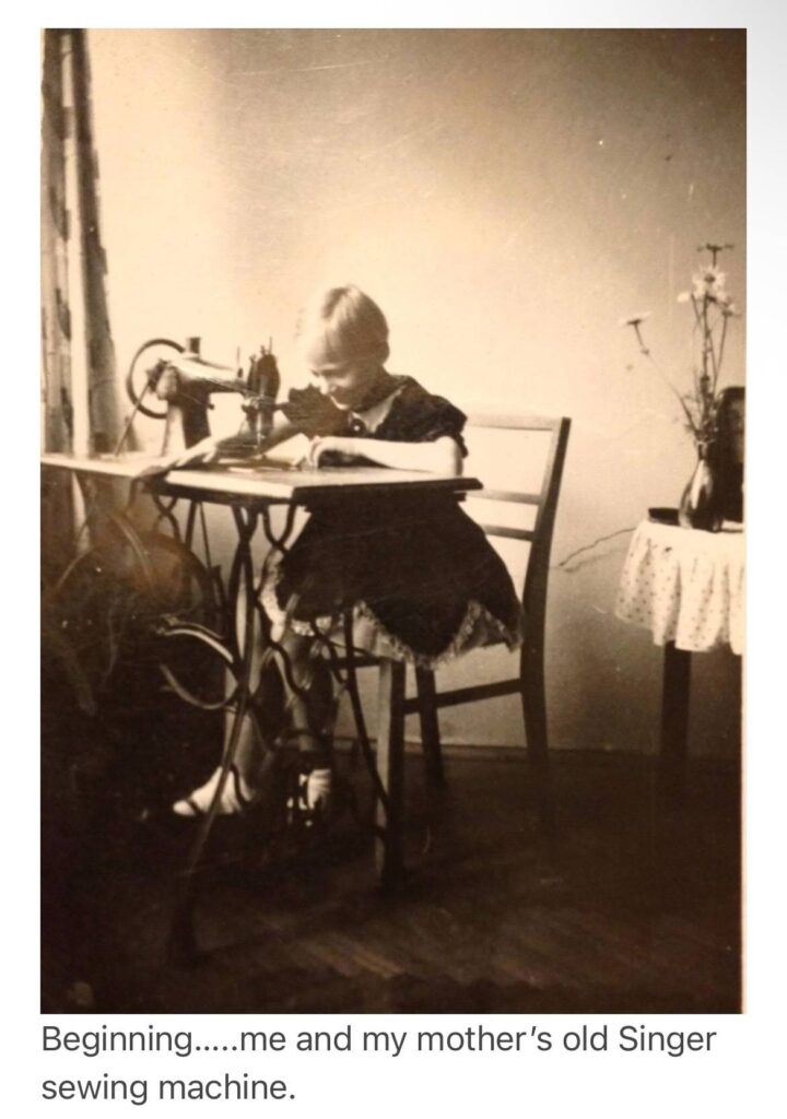 Grace Cormier learning how to sew at her mother's sewing machine