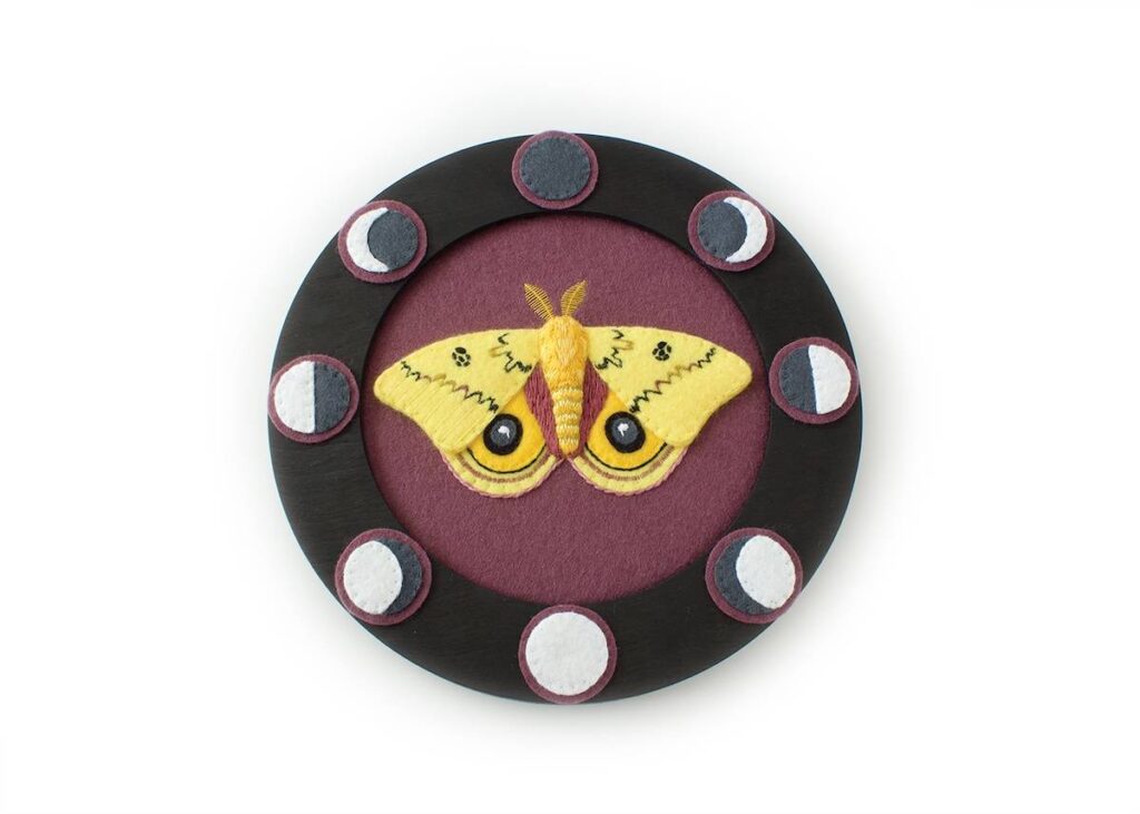 Io Moth embroidery and felt by Jenny Bolhofner