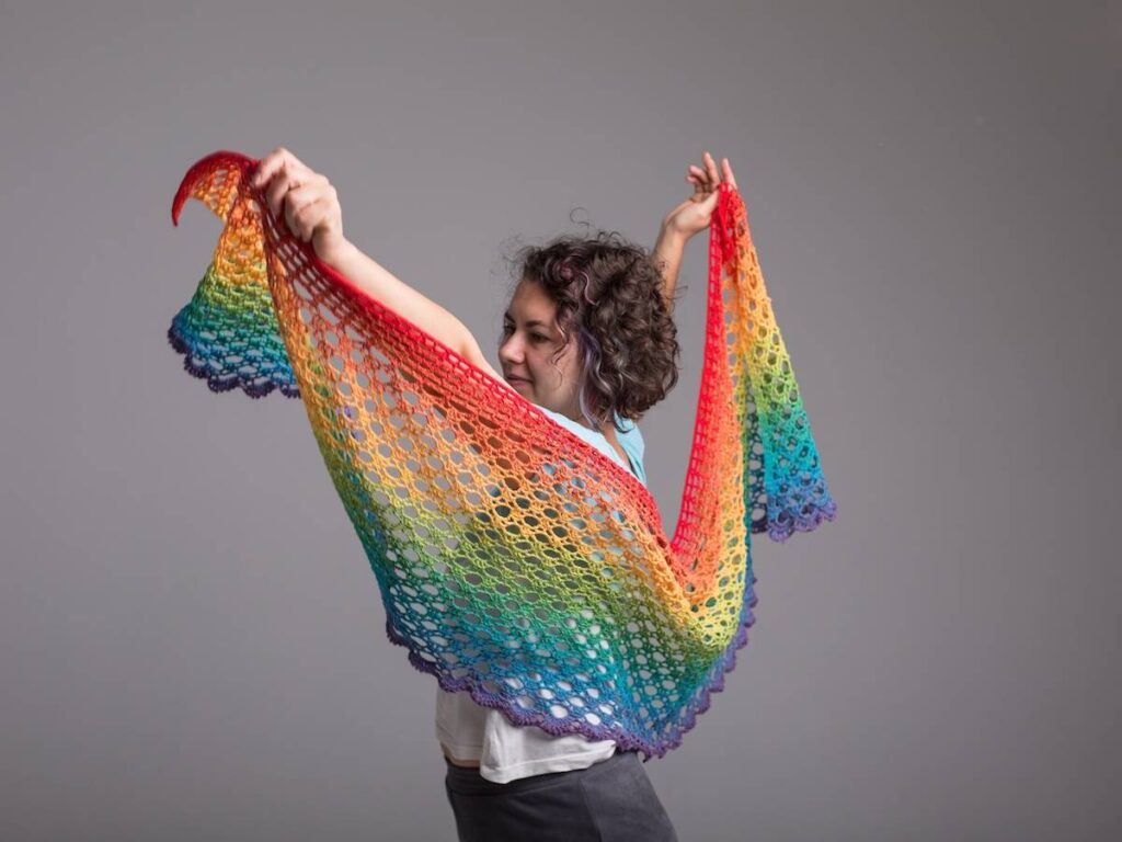 Rainbow crocheted shawl by Kate Veselunka