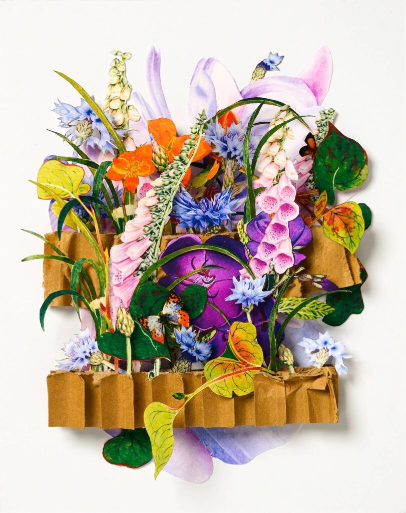 Foxglove, lily of the valley and other flowers in a paper sculpture by Kim Briet