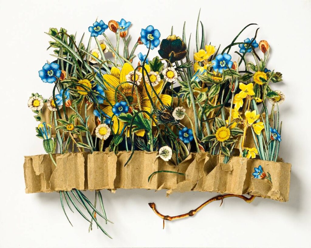 Blue and yellow flowers paper sculpture by Kim Briet
