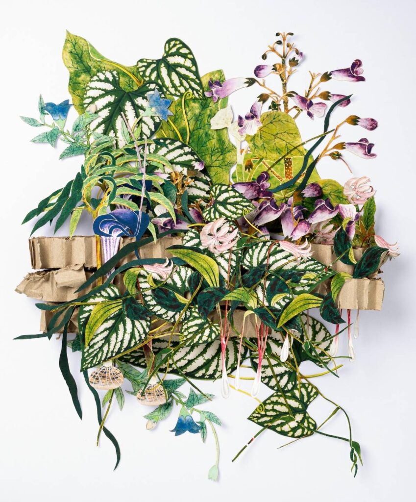 Vines with blue and purple flowers paper sculpture by Kim Briet