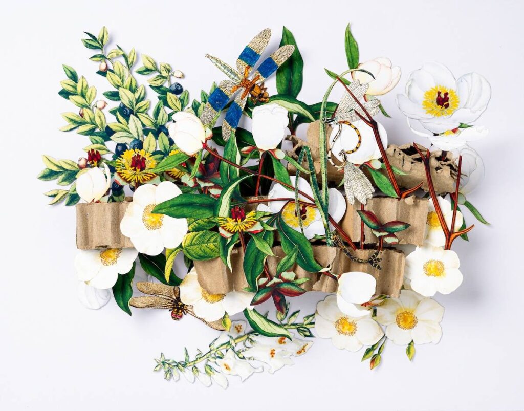 Paper sculpture with white flowers by Kim Briet