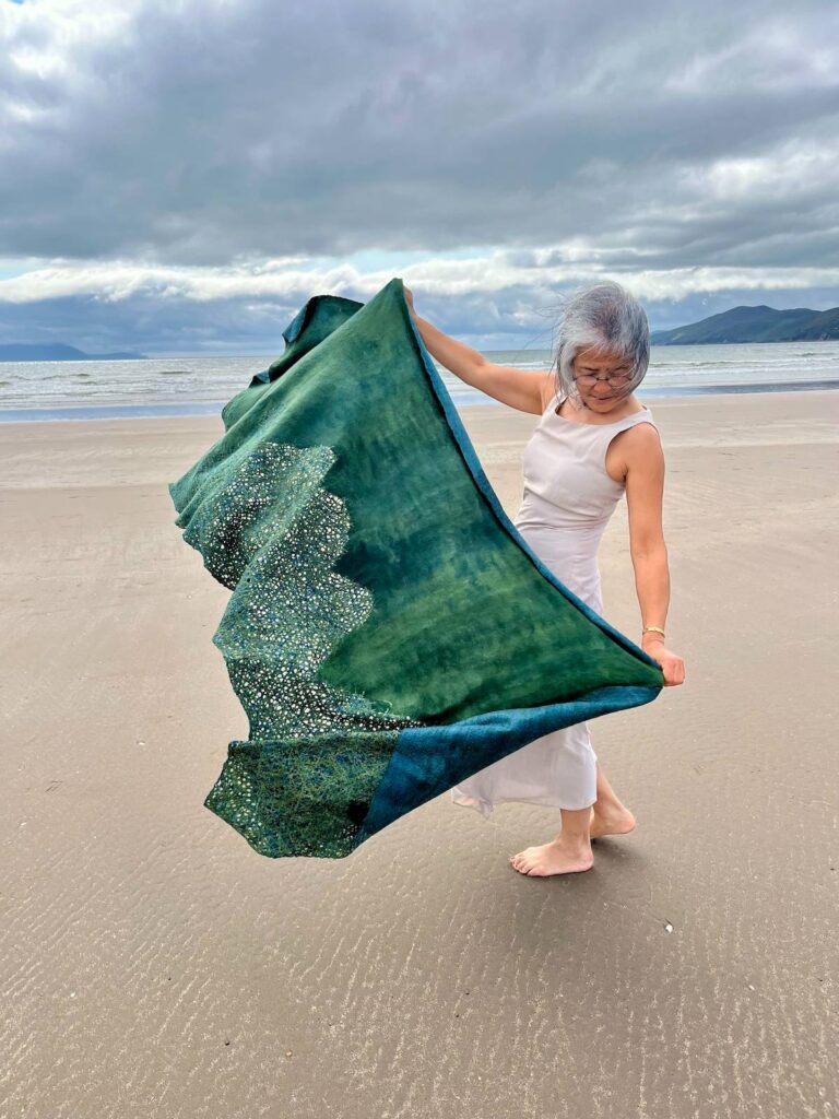 Felted green and blue pine needles scarf by Leiko Uchiyama