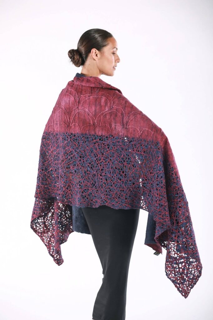 Rose and Violet Pine Needles felted scarf by Leiko Uchiyama