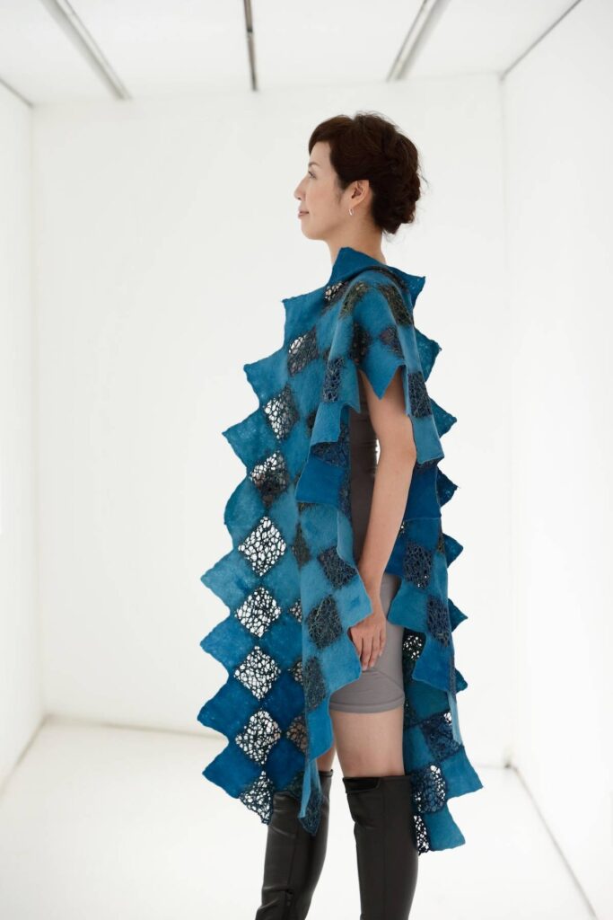 Teal Pine Needles scarf felted by Leiko Uchiyama