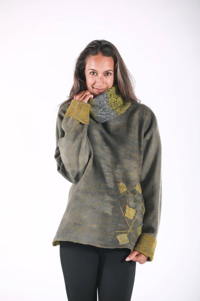 Felted grey and gold pullover by Leiko Uchiyama