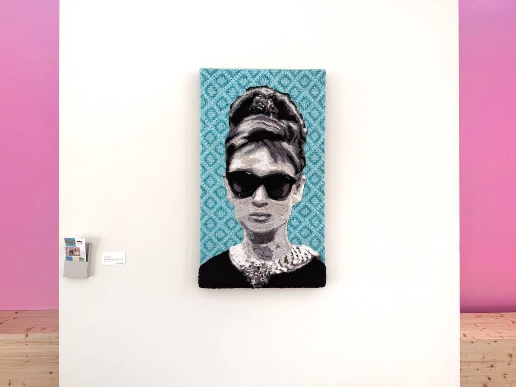 Audrey Hepburn crocheted fiber art by Will Chatlosh