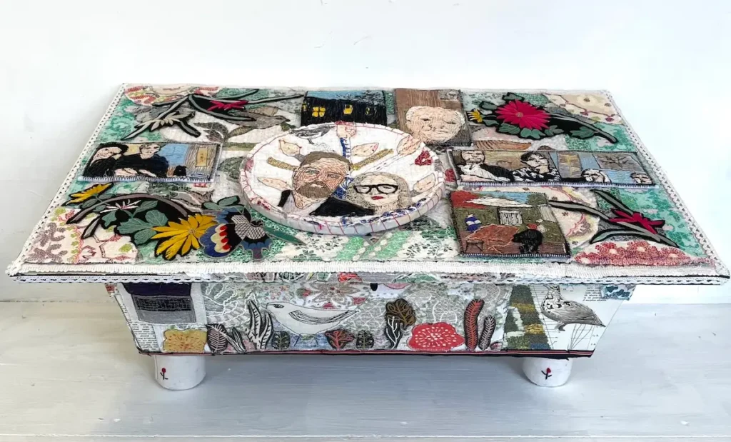 Zoom Family Casket fiber art by Anne Kelly