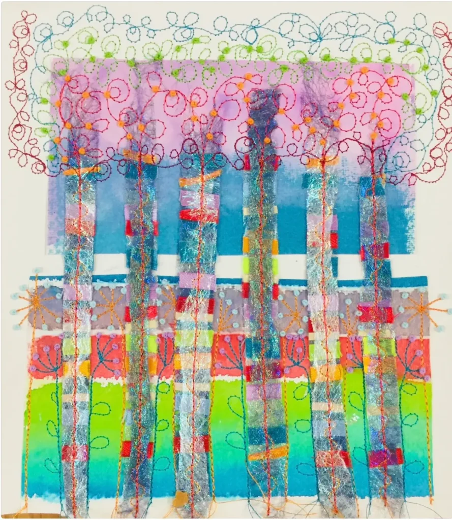 Dot Ronaldson paper sewn collage in bright colors with free motion stitching
