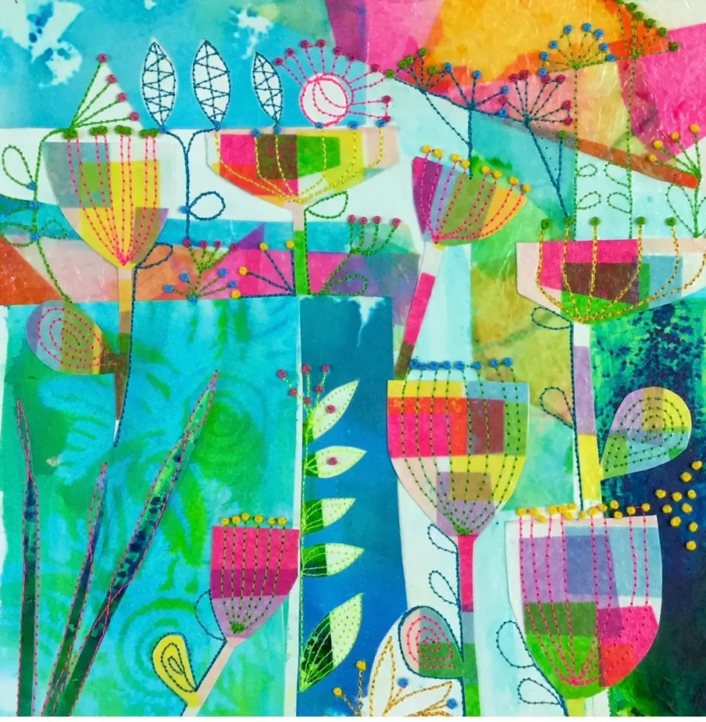 Dot Ronaldson paper stitched collage in bright colors