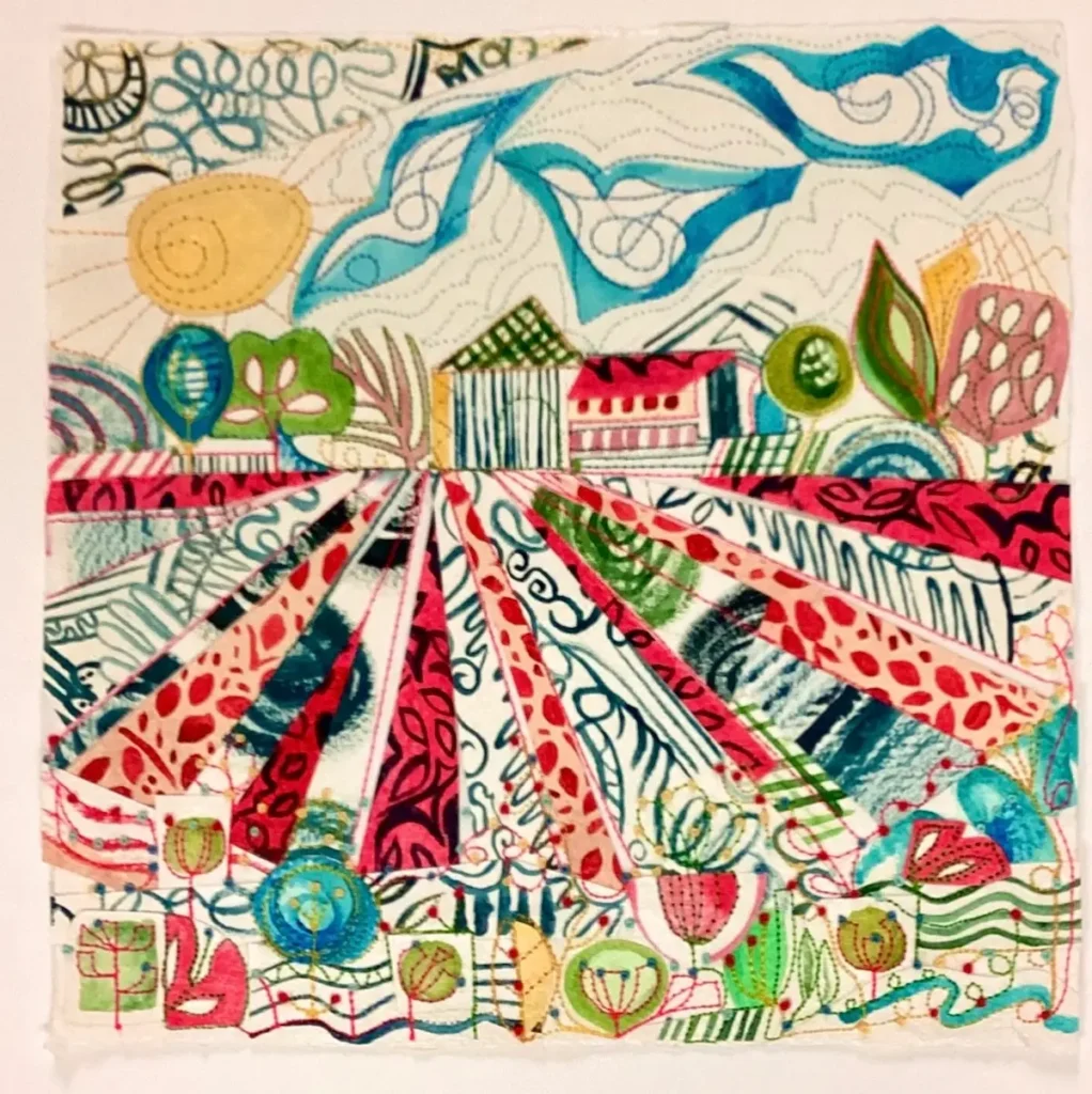 Dot Ronaldson paper sewn collage with house and clouds