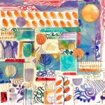 Dot Ronaldson sewn paper collage with blues, purples and yellow