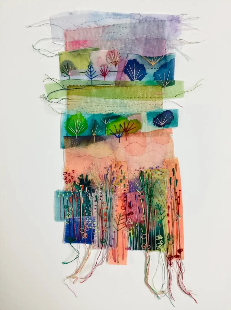 Dot Ronaldson landscape with lavendar, green, blue and orange