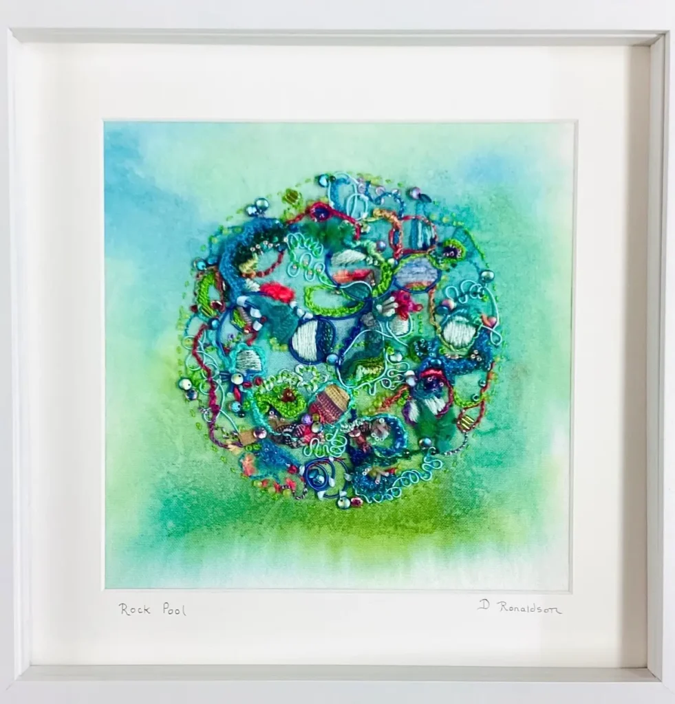 Dot Ronaldson abstract with embroidery in blues and greens