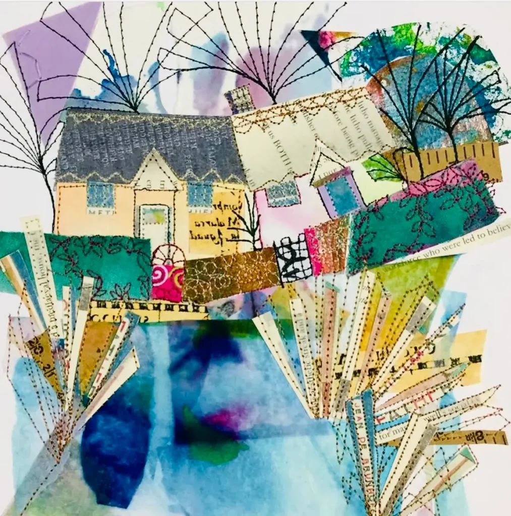 Dot Ronaldson paper collage with two houses
