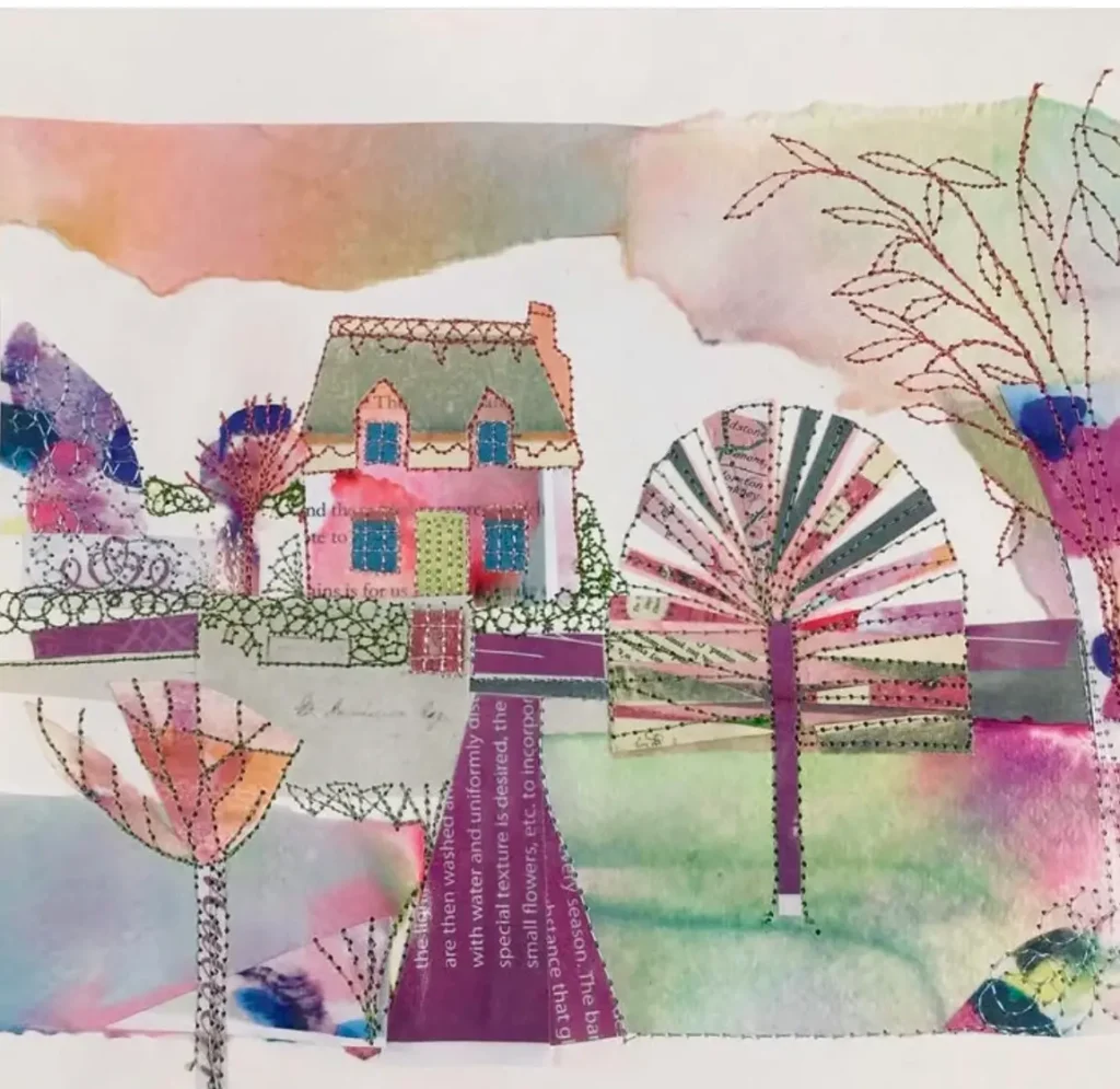 Dot Ronaldson paper and sewing collage with a house and trees
