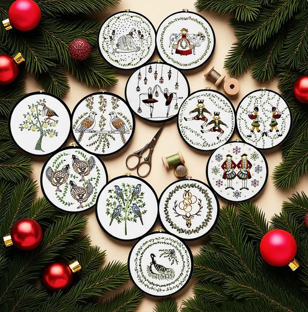 1 - 12 days of Christmas embroidery by Kathleen Field