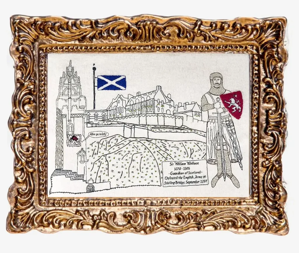 Luigi in Scotland embroidery by Kathleen Field
