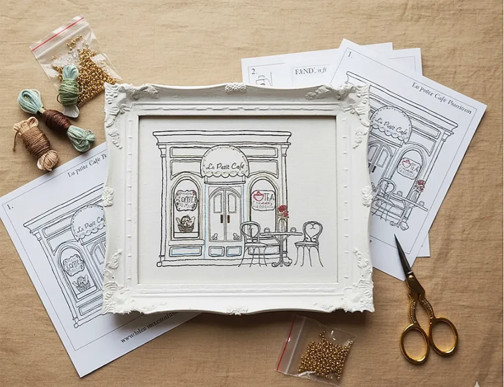 Cafe embroidery kit by Kathleen Field