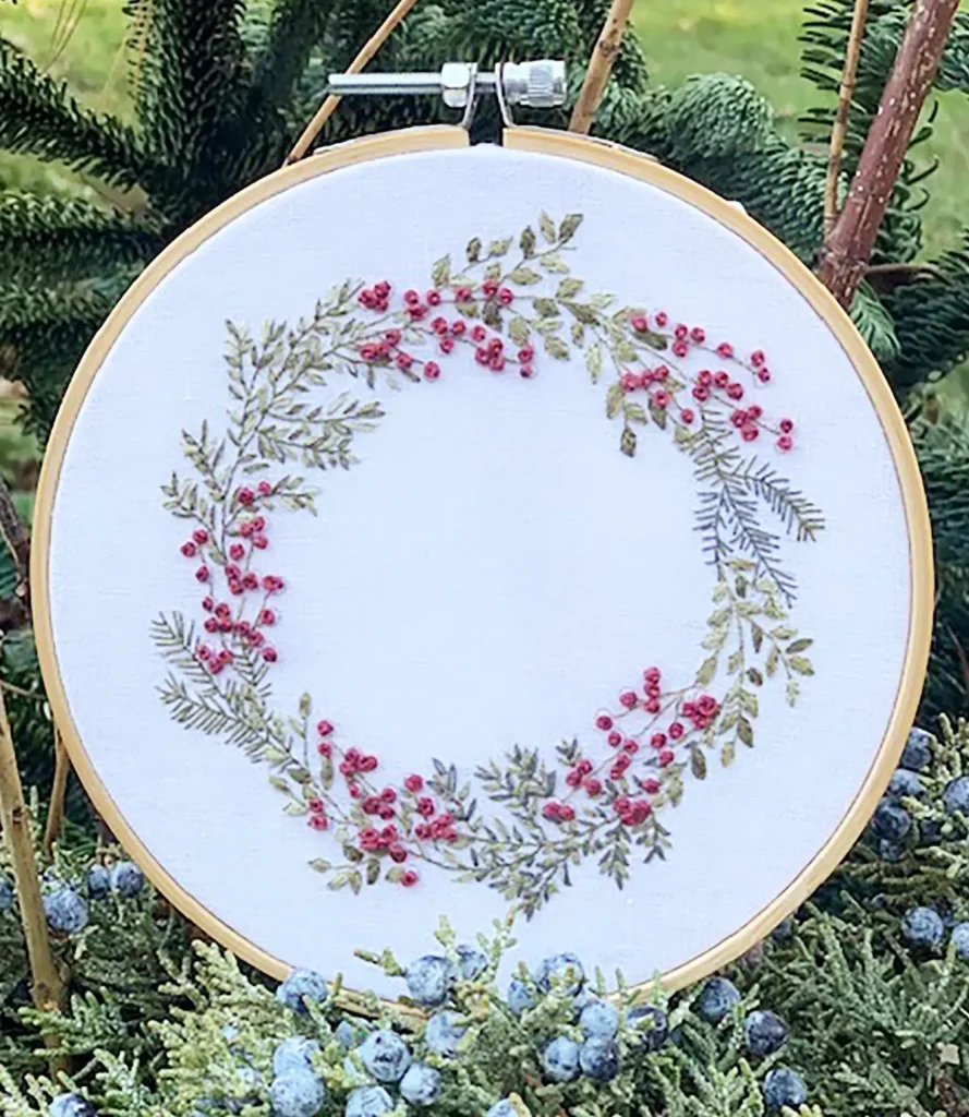 Christmas wreath embroidery by Kathleen Field