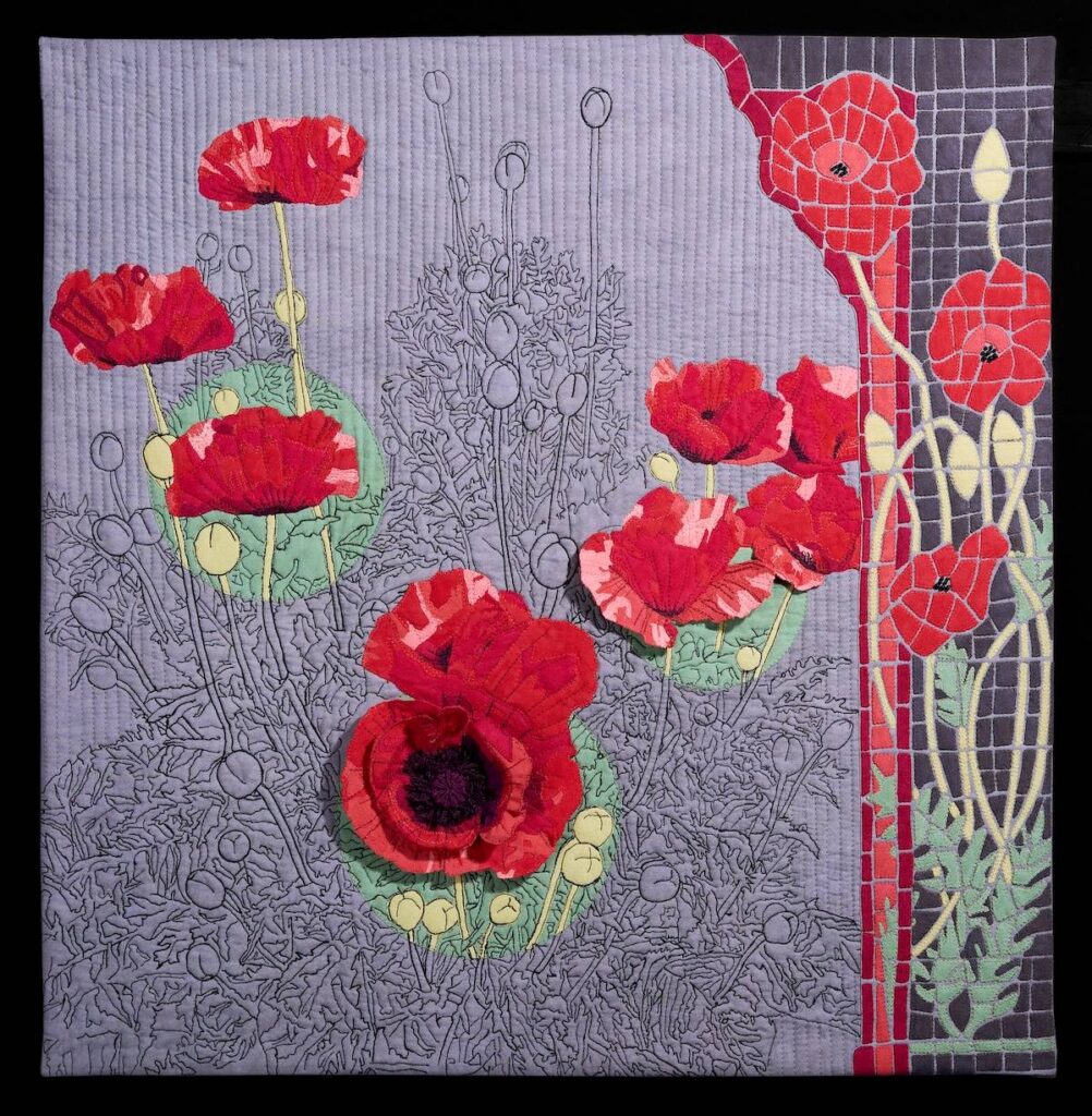 Idaho Poppies fiber art by Linda Syverson Guild