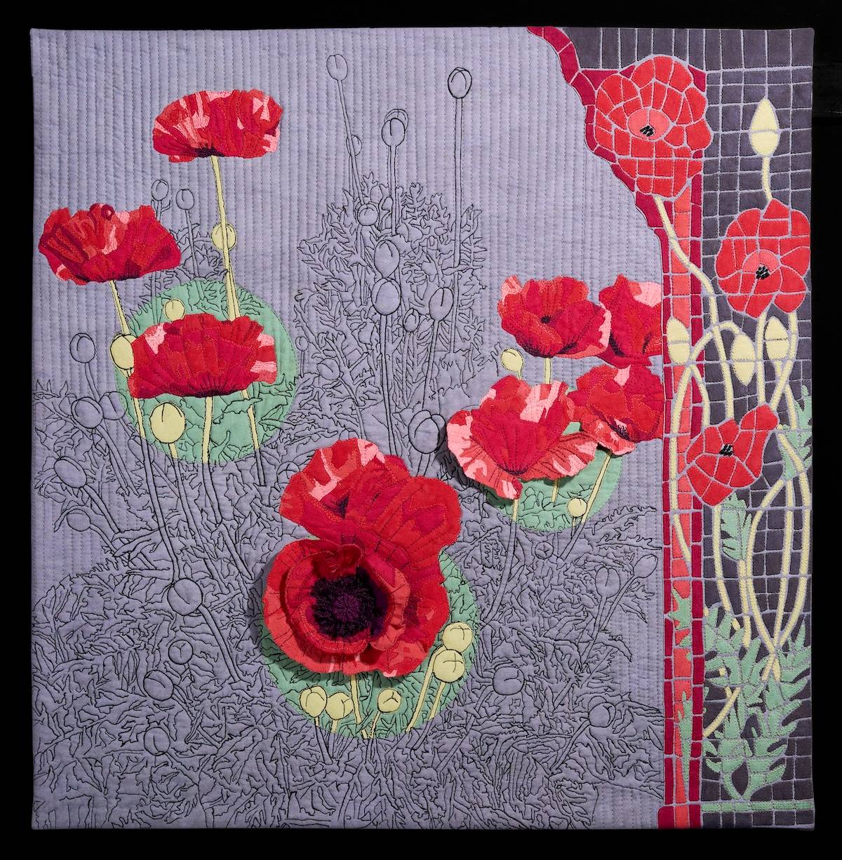 Idaho Poppies fiber art by Linda Syverson Guild
