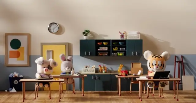 Classroom with needle felted tiger, bunny and pig by Chelsea Trousdale