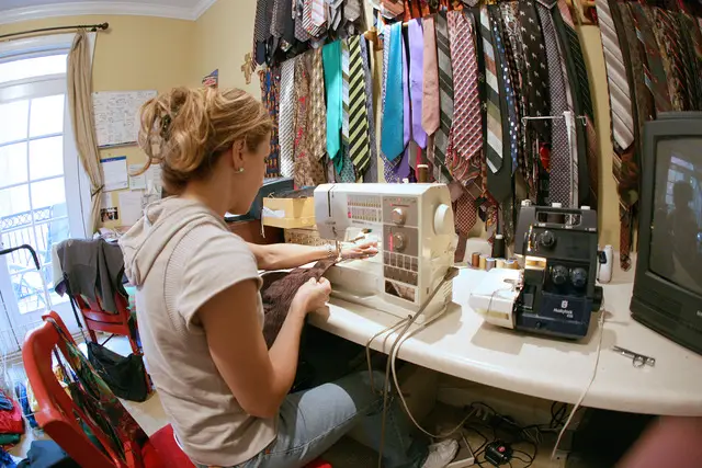 Jane Clauss sewing with old men's ties