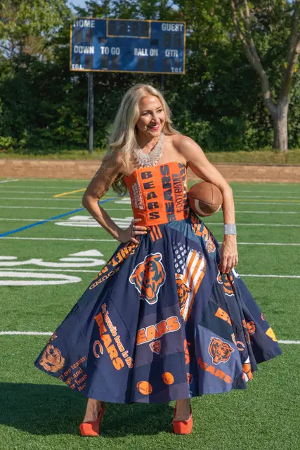 Jane Claus in an upcycled dress made from Bears tee's