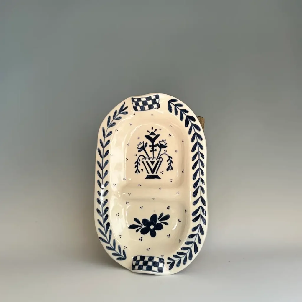 Two segmented pottery dish made by Summer Brendlinger