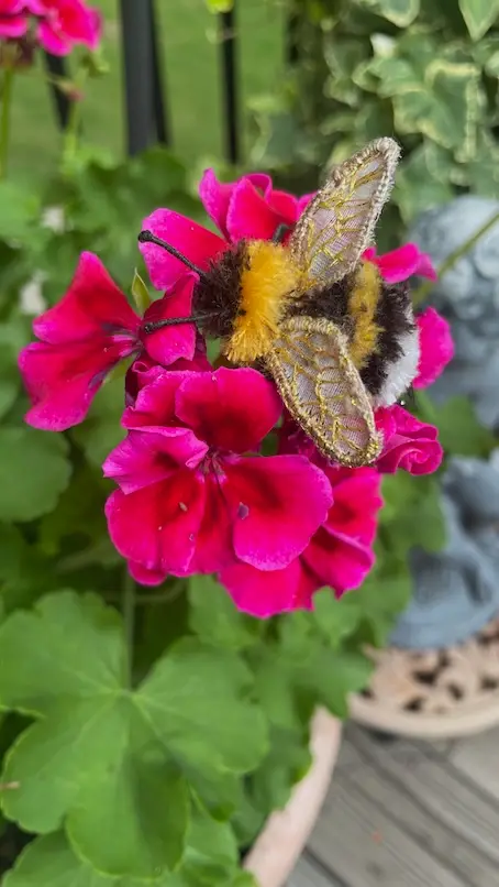 Close up of a bee embroidered by Teri Biglands