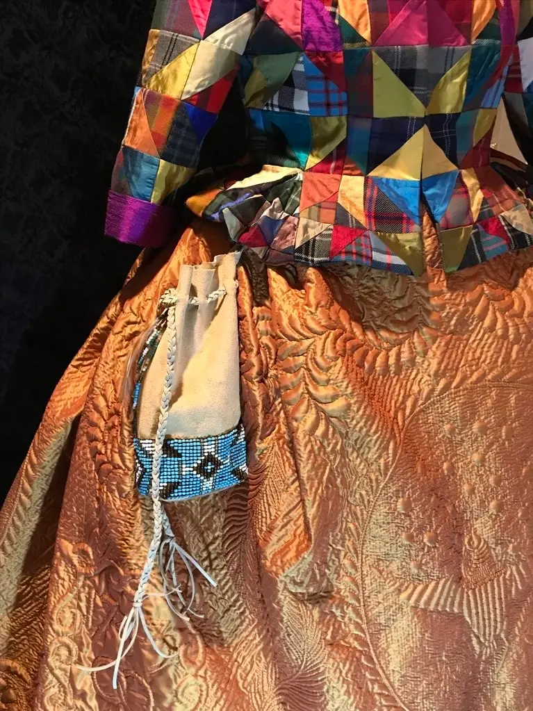 Details including leather bag on Sassenach on Frasers Ridge dress made by Teri Biglands