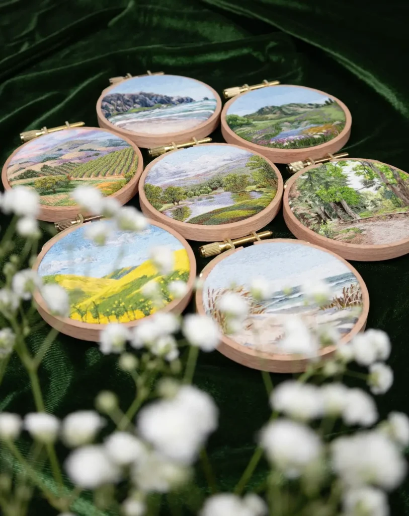 7 small landscape embroidery art pieces by Cassandra Dias