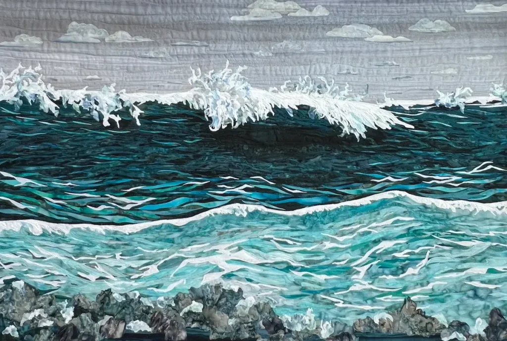 Ocean waves in teal fabric painting by Cynthia Minoli
