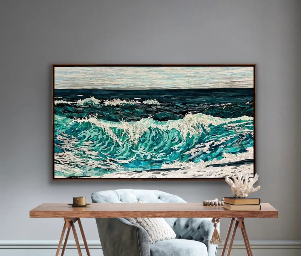 Big waves ocean fabric painting by Cynthia Minoli