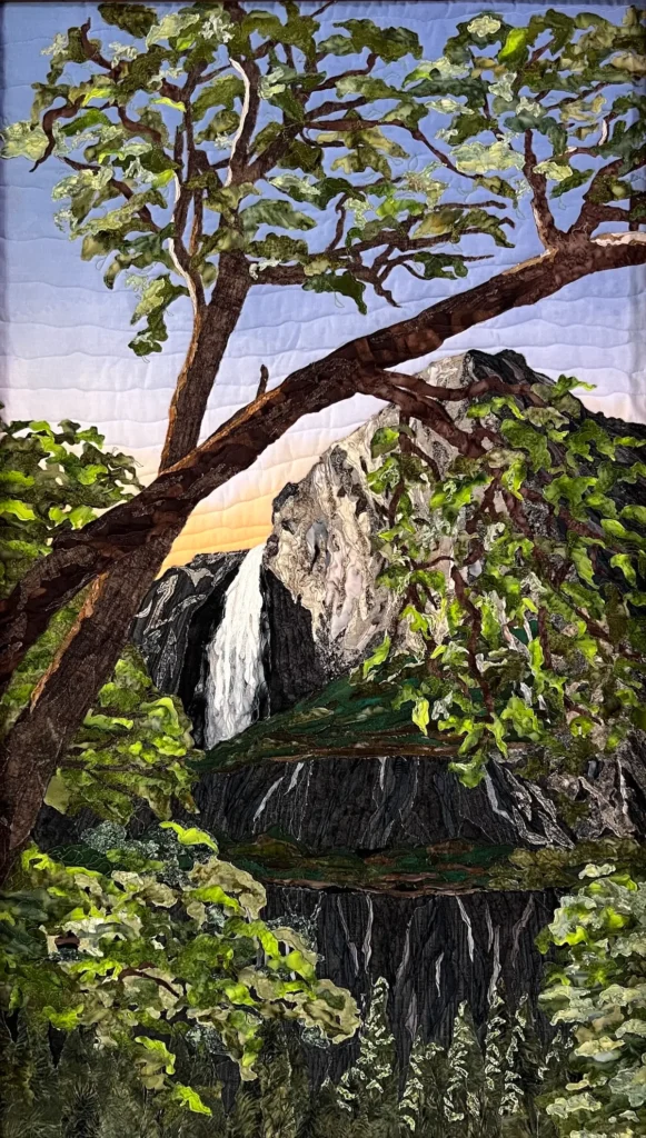 Waterfall in the mountains fabric painting by Cynthia Minoli