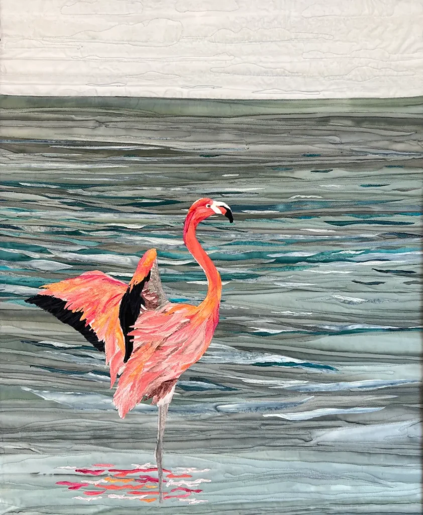 Crane in the water fabric painting by Cynthia Minoli