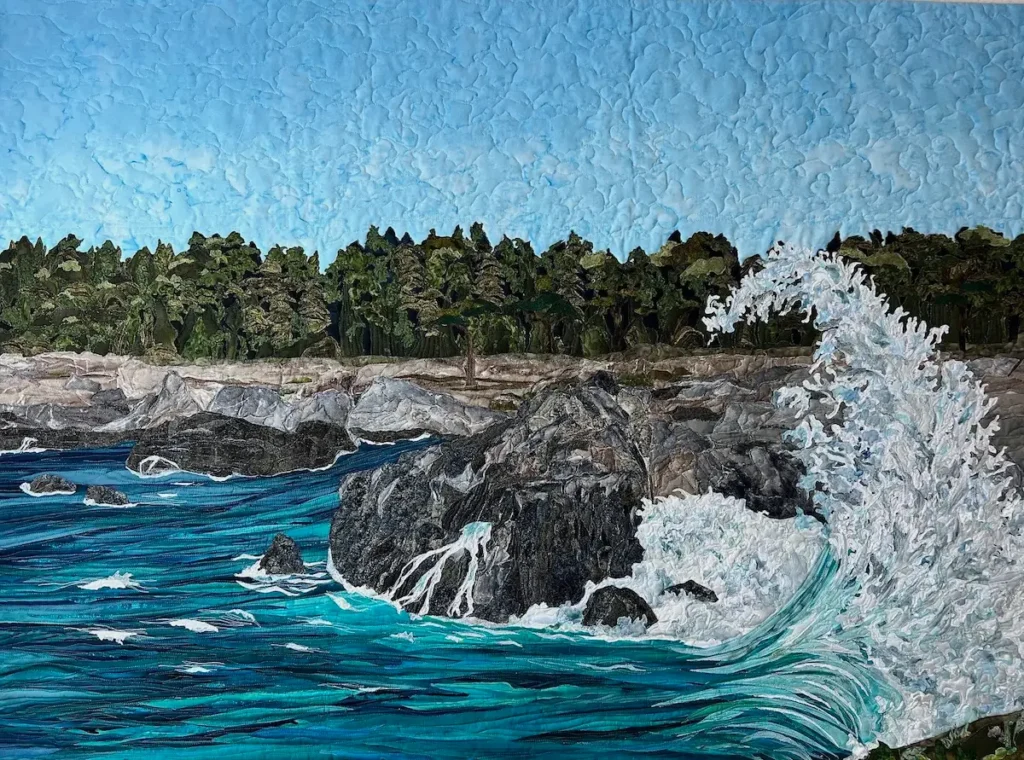 Big surf with trees in the background fabric painting by Cynthia Minoli