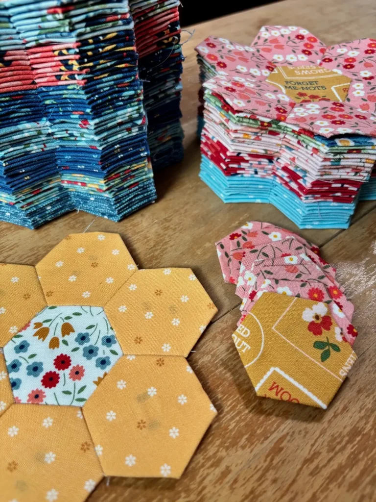 Grandmas Hexie Garden finished blocks by Marie-Elise McNeeley
