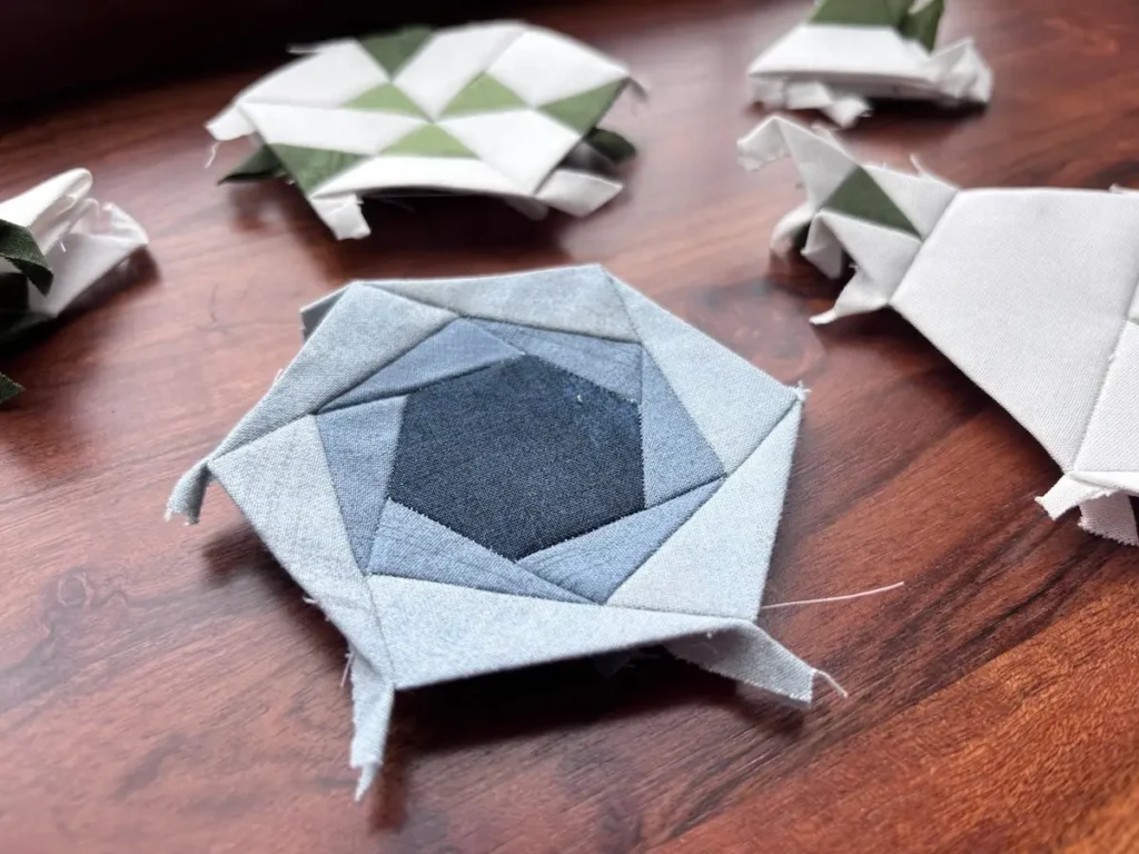 Hexies in Bloom pieced units by Marie-Elise McNeeley
