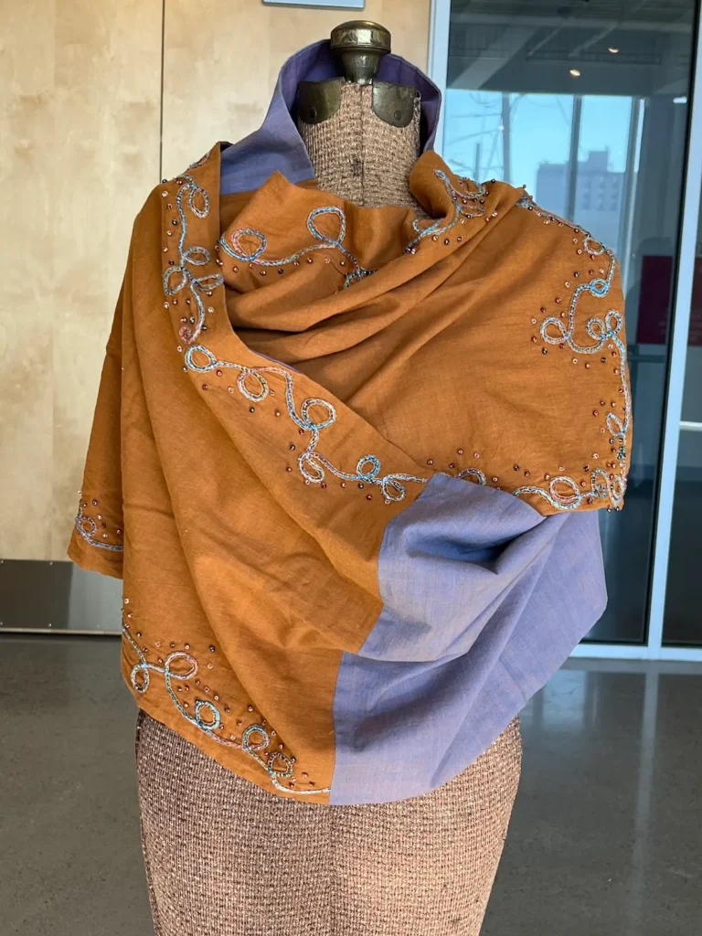 Mustard color embroidered and beaded scarf by MaryAnne Lupinetti