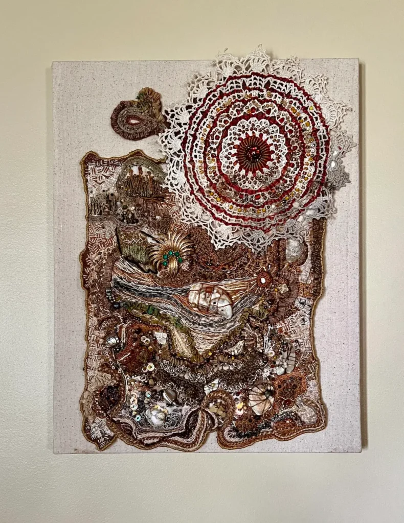 Brown and white and tan embroidered fiber art by MaryAnne Lupinetti