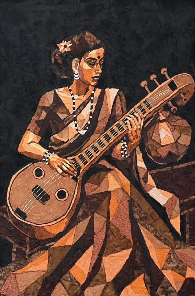 Full painting of a woman with a mandolin by Mihira Karra