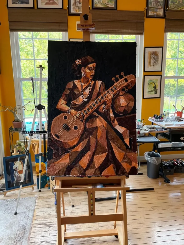 Woman playing a mandolin painting by Mihira Karra