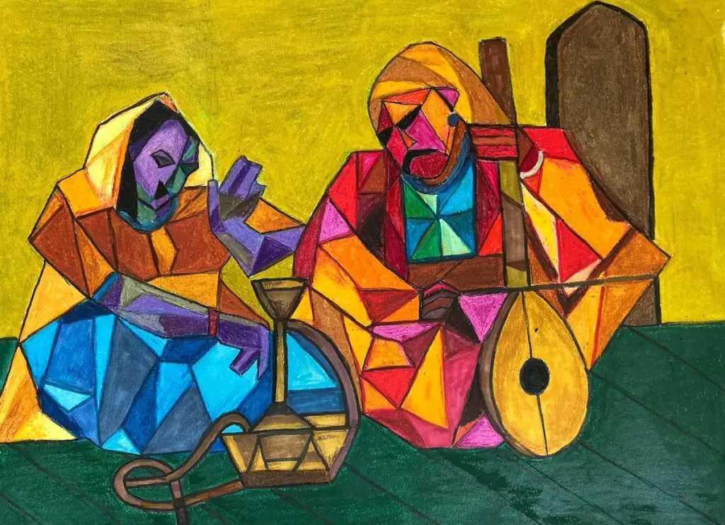 Abstract painting with a man and a mandolin and a hookah by Mihira Karra