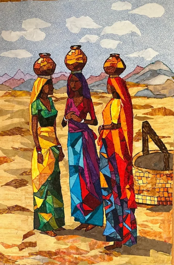Painting of three women in the dessert with pots on their heads by Mihira Karra