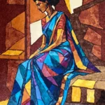 Painting of a woman sitting on a bench by Mihira Karra