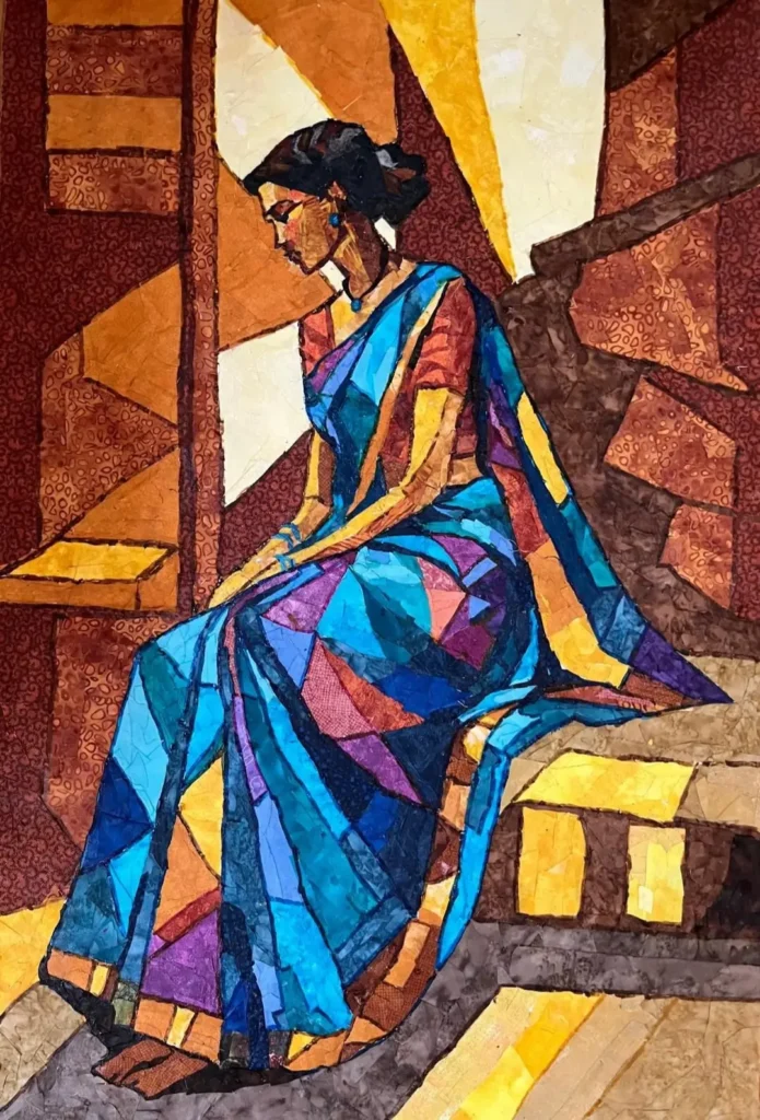 Painting of a woman sitting on a bench by Mihira Karra